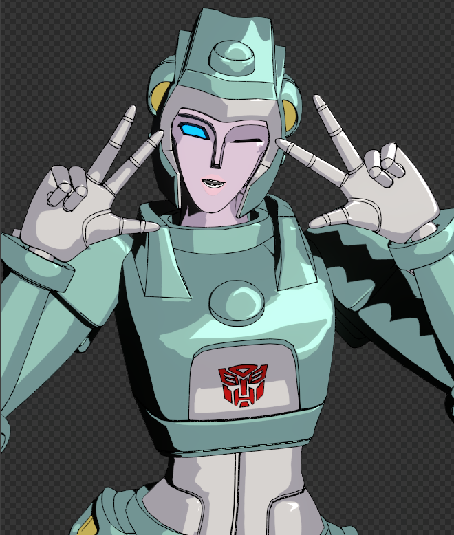 1girl, 3d, andypurro, autobot, blender_(medium), blue_eyes, helmet, humanoid_robot