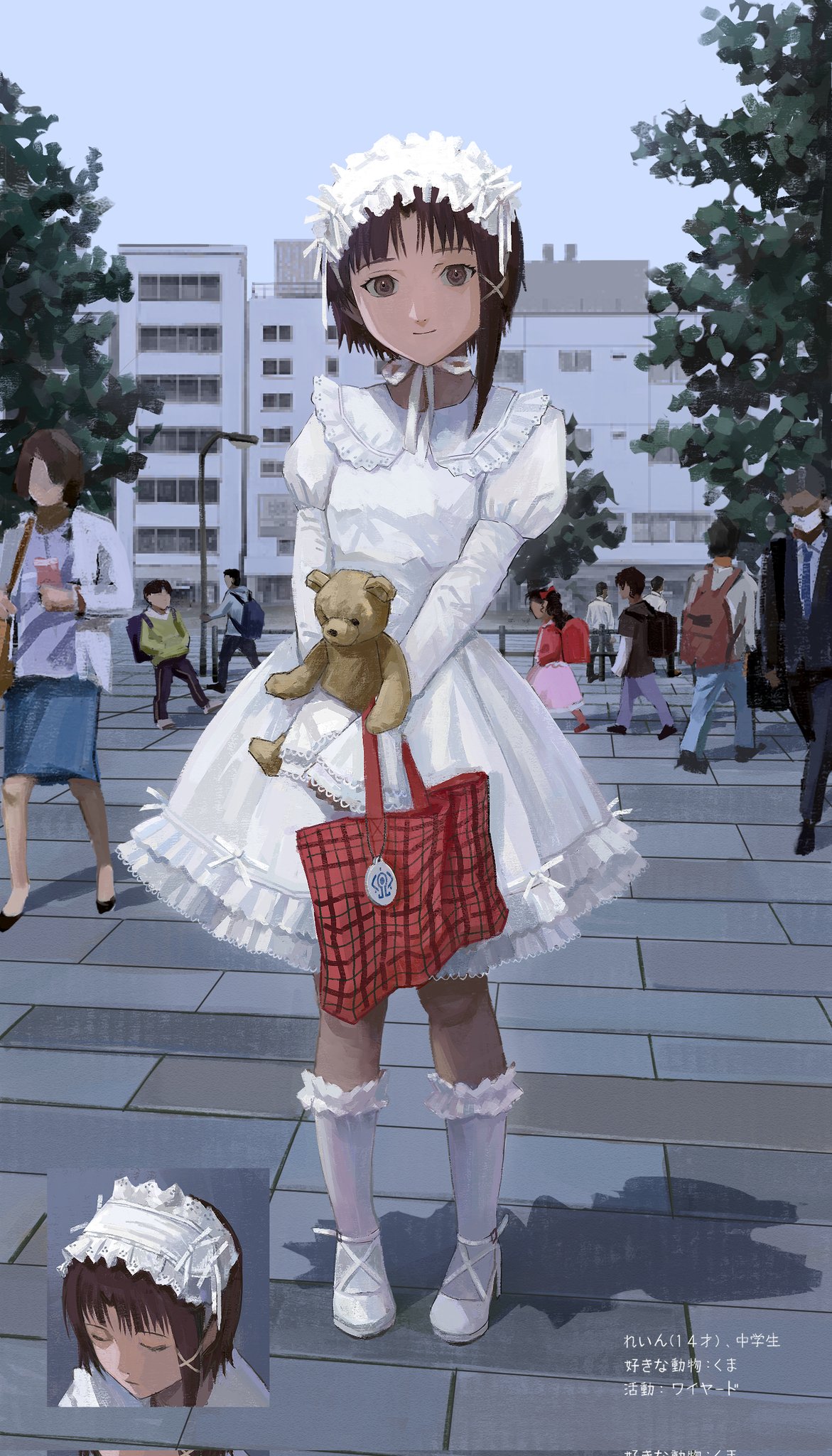 1girl, asymmetrical_hair, brown_eyes, brown_hair, building, closed_mouth, collar, corrupted_twitter_file