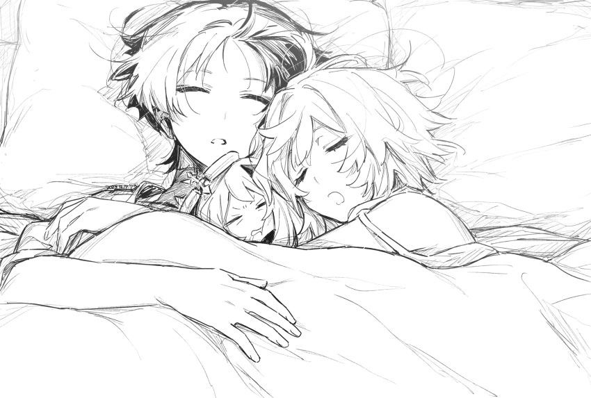 1boy, 1girl, commentary, english_commentary, genshin_impact, greyscale, highres, hoht_yeah, hug, lumine_(genshin_impact), lying, mixed-language_commentary, monochrome, on_back, paimon_(genshin_impact), pillow, scaramouche_(genshin_impact), short_hair, sketch, sleeping, under_covers, upper_body, wanderer_(genshin_impact)