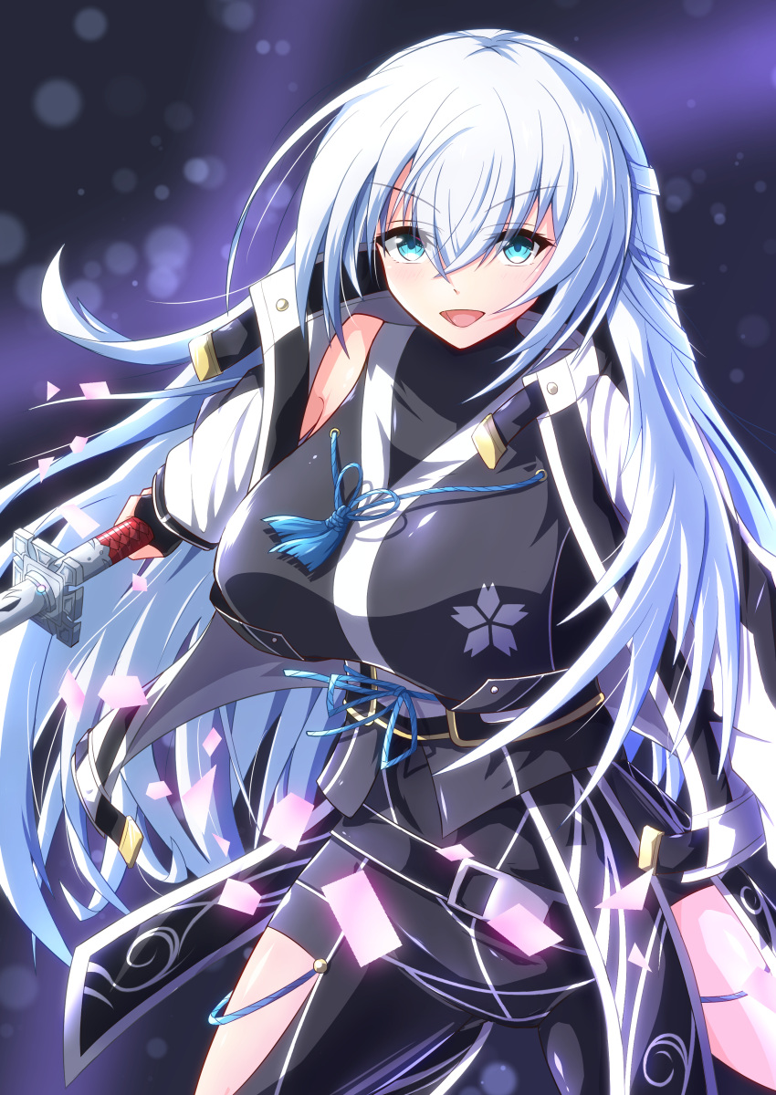 1girl, absurdres, blue_eyes, breasts, clothing_cutout, coat, double-parted_bangs, eiyuu_densetsu