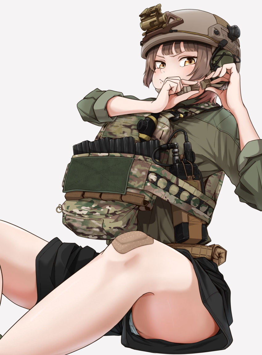 1girl, annoyed, bandaid, bandaid_on_knee, bandaid_on_leg, black_shorts, brown_eyes, brown_hair, cake506, camouflage, chest_rig, combat_helmet, green_shirt, helmet, highres, magazine_(weapon), original, panties, panty_peek, shirt, short_hair, shorts, solo, thighs, underwear, white_background, white_panties, woodland_camouflage
