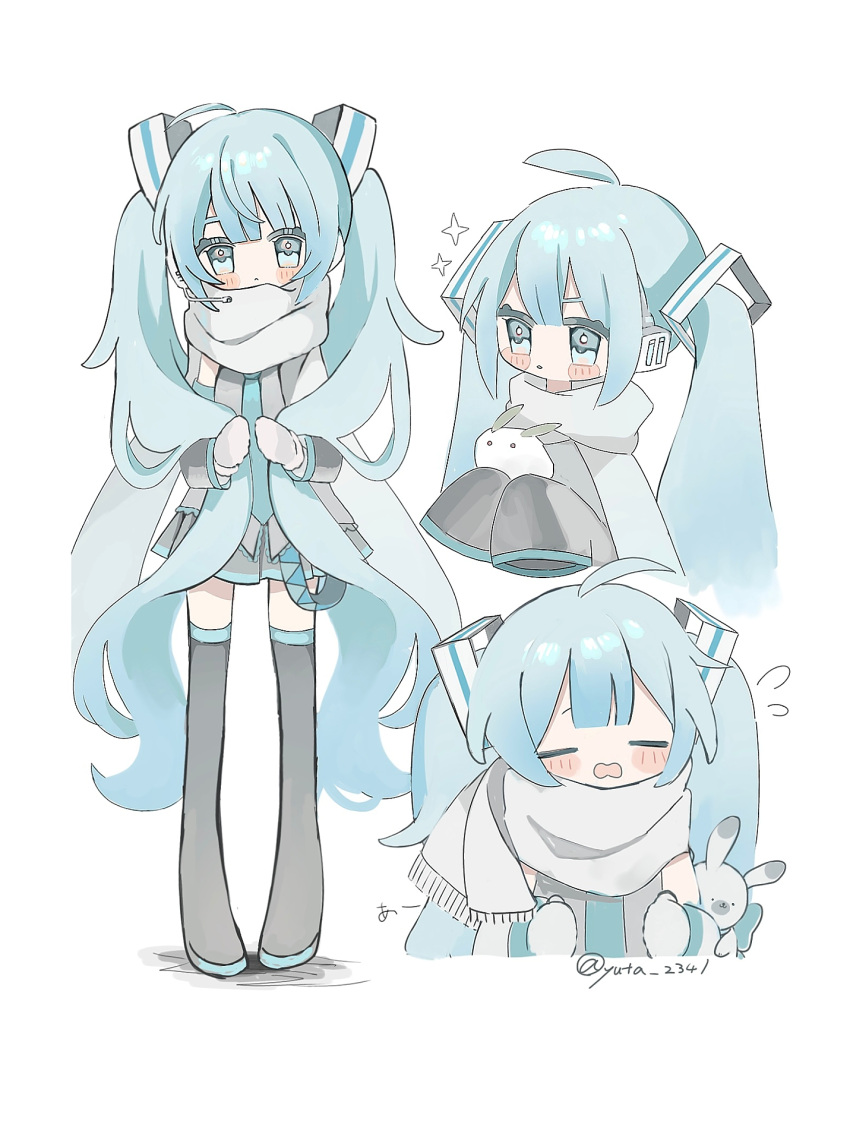 1girl, :<, ahoge, animal, aqua_necktie, artist_name, black_sleeves, black_thighhighs
