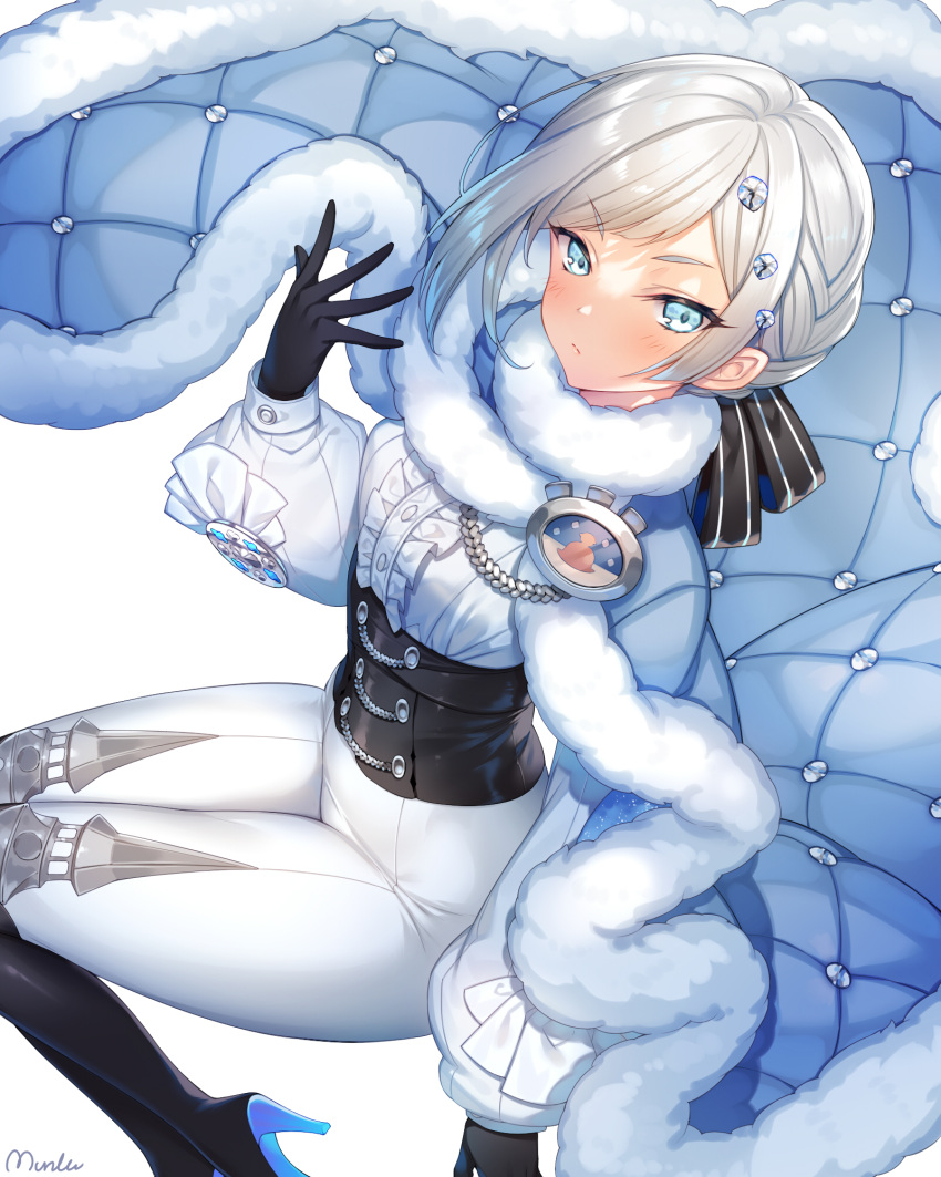 1girl, akershus_fortress_(oshiro_project), badge, black_gloves, blue_cape, blue_cloak, blue_eyes, bodysuit