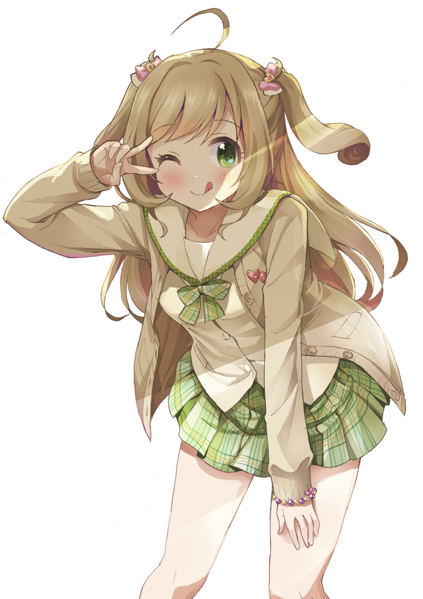 1girl, ;q, ahoge, bare_legs, blonde_hair, blush, breasts, brown_cardigan, cardigan, green_eyes, green_skirt, highres, idolmaster, idolmaster_cinderella_girls, leaning_forward, long_hair, looking_at_viewer, medium_breasts, michii_yuuki, one_eye_closed, sato_shin, simple_background, skirt, smile, solo, tongue, tongue_out, two_side_up, v, white_background