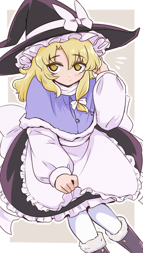 1girl, apron, black_footwear, black_headwear, black_skirt, blonde_hair, blue_capelet, boots, bow, capelet, frilled_skirt, frills, fur-trimmed_capelet, fur_boots, fur_trim, hair_bow, hat, hat_bow, kirisame_marisa, long_sleeves, pantyhose, puffy_long_sleeves, puffy_sleeves, shio_(futatsumami), shirt, simple_background, skirt, solo, touhou, waist_apron, white_apron, white_bow, white_pantyhose, white_shirt, witch_hat, yellow_eyes