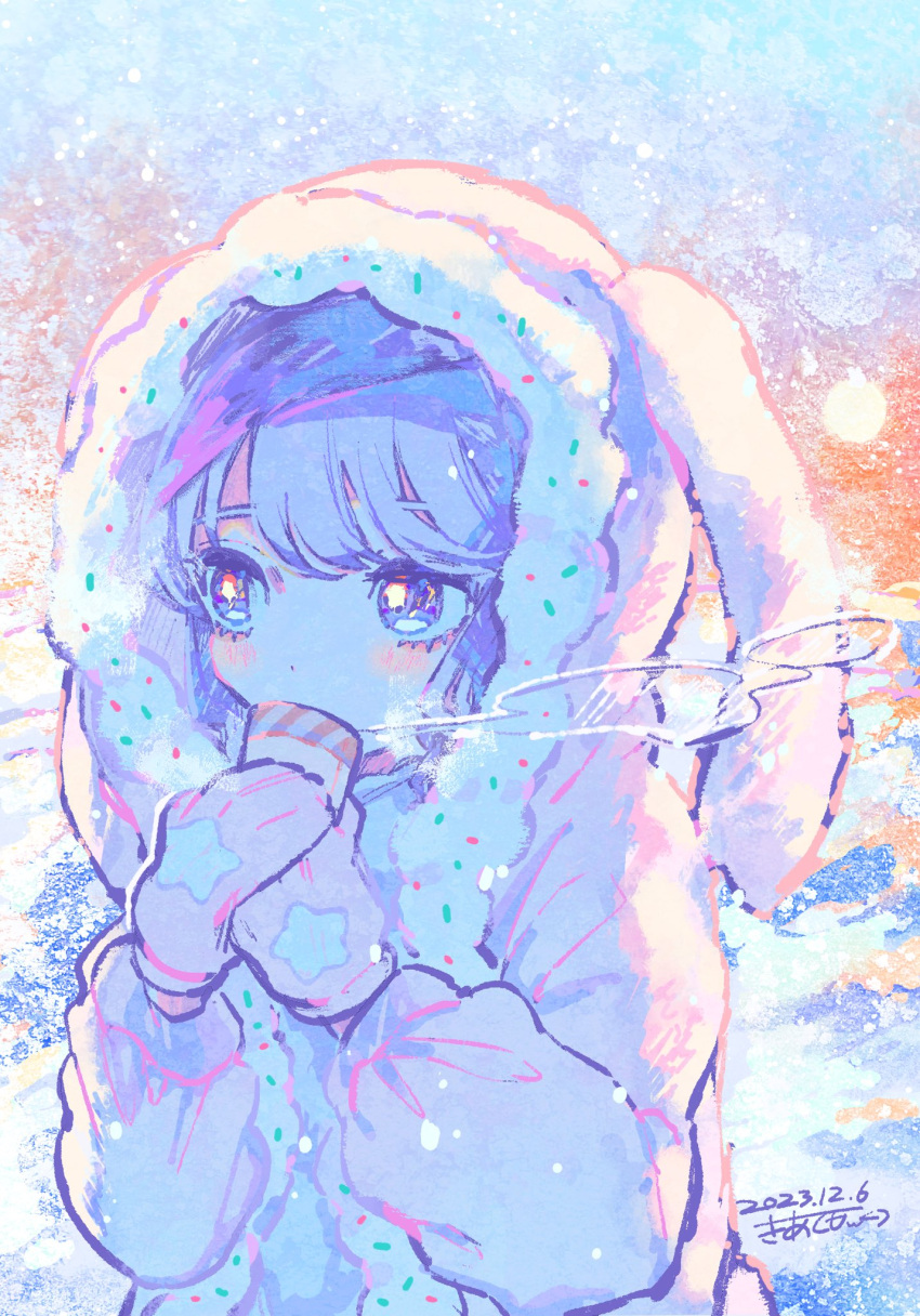 1girl, animal_hood, breath, character_request, commentary, copyright_request, covered_mouth, cup, dated, dot_nose, english_commentary, fur-trimmed_hood, fur-trimmed_jacket, fur_trim, gloves, hands_up, highres, holding, holding_cup, hood, hood_up, hooded_jacket, jacket, kiato, light_blush, long_sleeves, looking_to_the_side, open_clothes, open_jacket, outdoors, pastel_colors, pink_gloves, pink_jacket, print_gloves, purple_hair, rabbit_hood, sideways_glance, signature, sky, smoke, snowing, solo, star_(symbol), star_print, sun, sunset, upper_body, violet_eyes, winter, winter_clothes