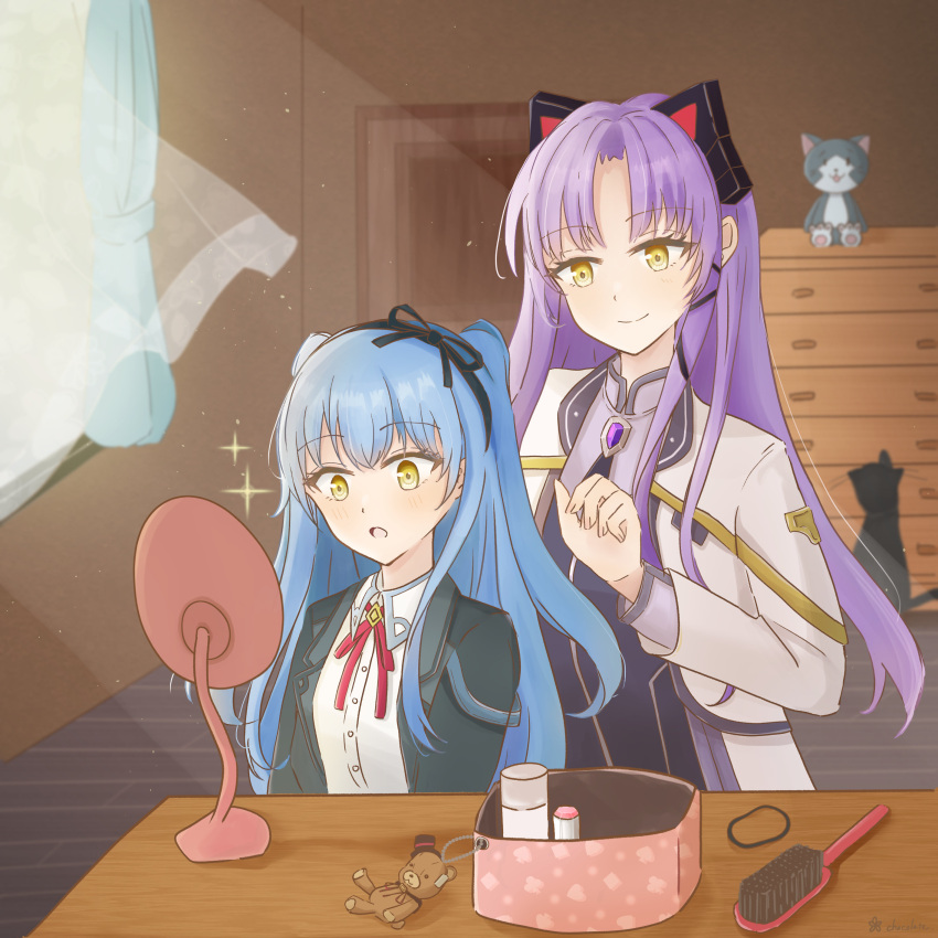 2girls, :o, absurdres, alternate_hairstyle, animal_ears, black_hairband, blue_hair, blurry