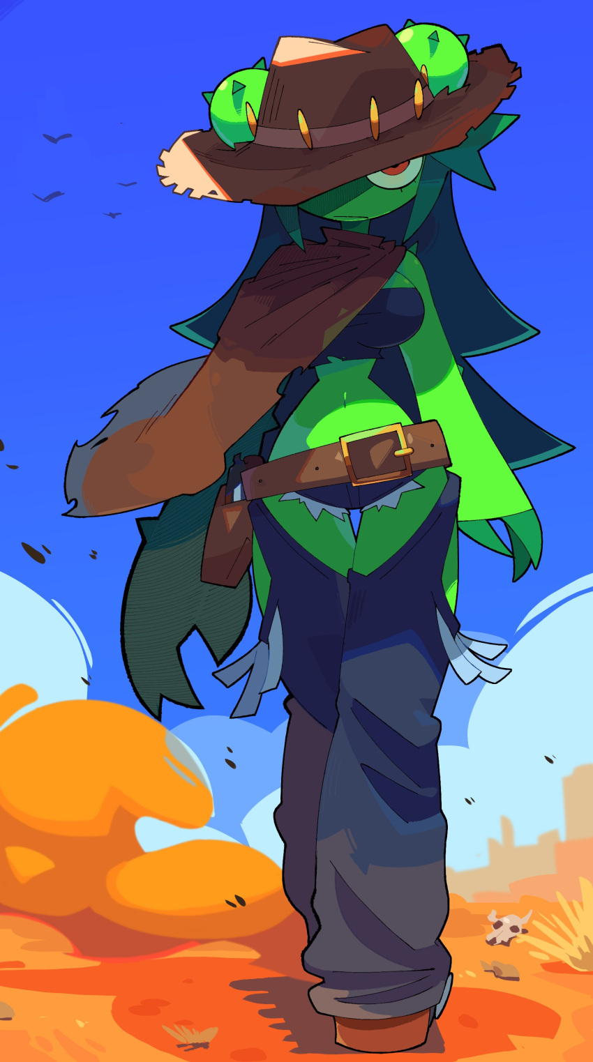 1girl, absurdres, bacun, belt, bird, cactus_girl, cape, chaps