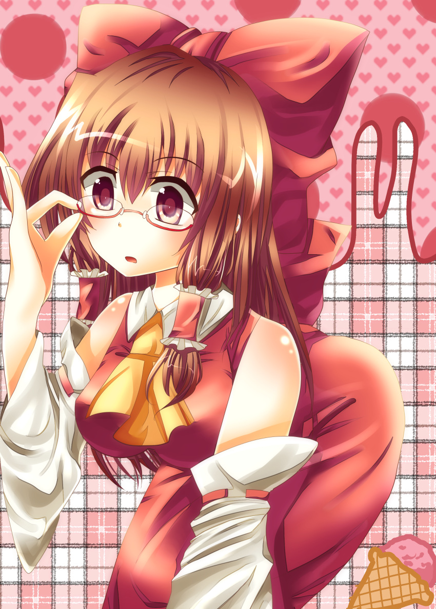 absurdres, ascot, bespectacled, blush, bow, brown_eyes, brown_hair, detached_sleeves, food, glasses, hair_bow, hakurei_reimu, highres, ice_cream, japanese_clothes, long_hair, mei_(jewel_at_time), miko, solo, touhou