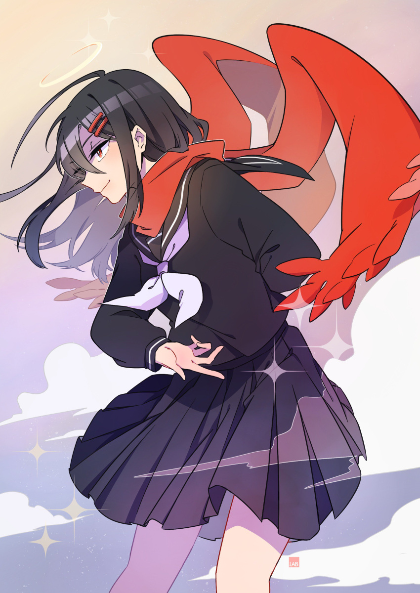 1girl, absurdres, arm_behind_back, black_hair, black_sailor_collar, black_serafuku, black_shirt, black_skirt