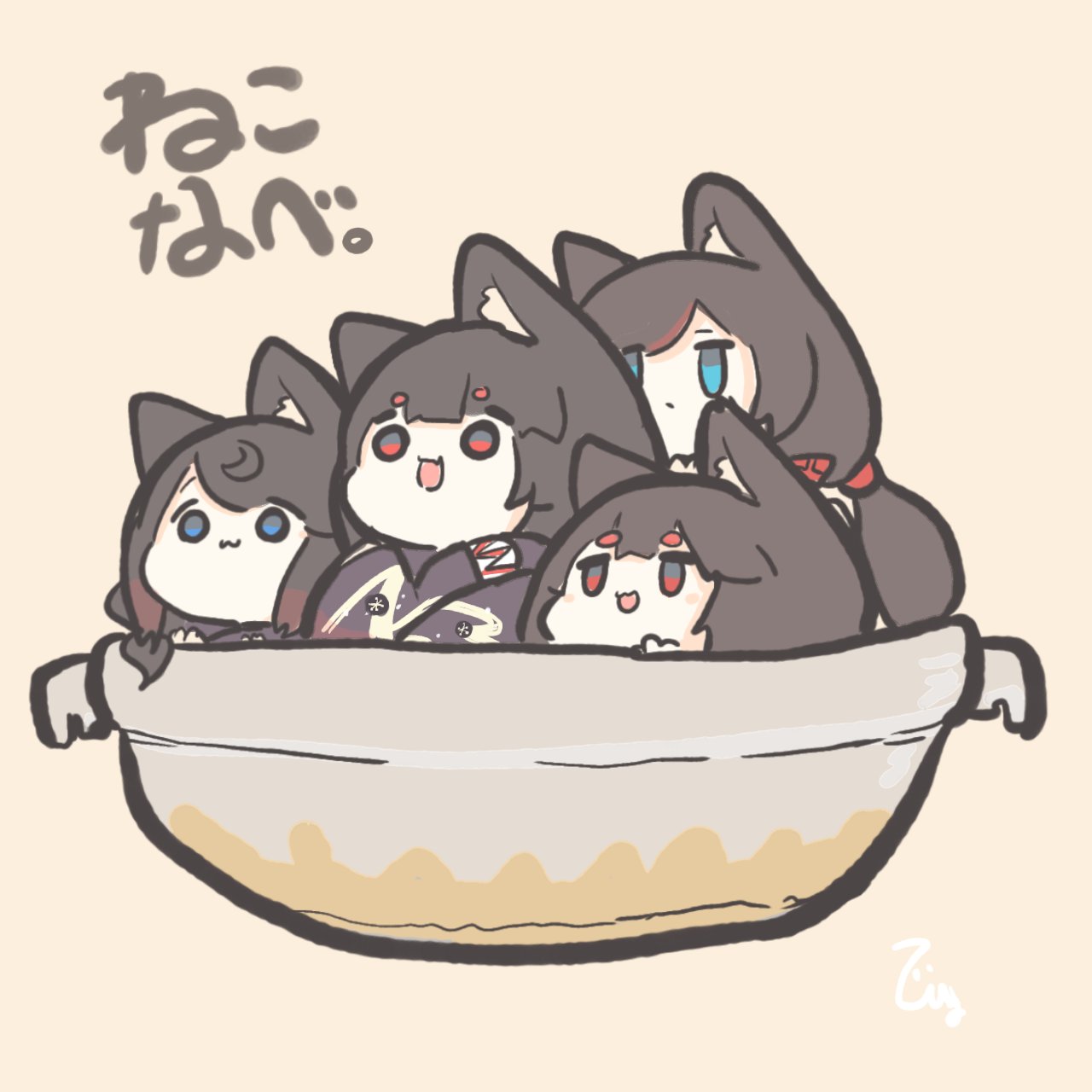 4girls, :3, animal_ears, azur_lane, blue_eyes, brown_hair, chibi, fusou_(azur_lane)
