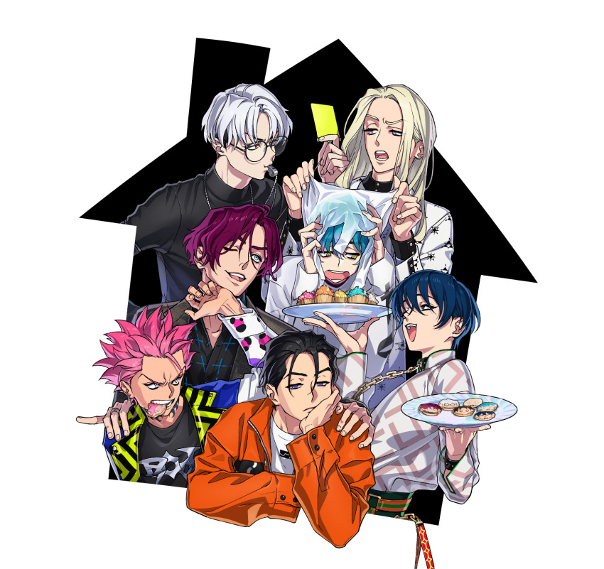 6+boys, bag, belt, black_hair, blue_hair, chain, charisma_house, closed_mouth