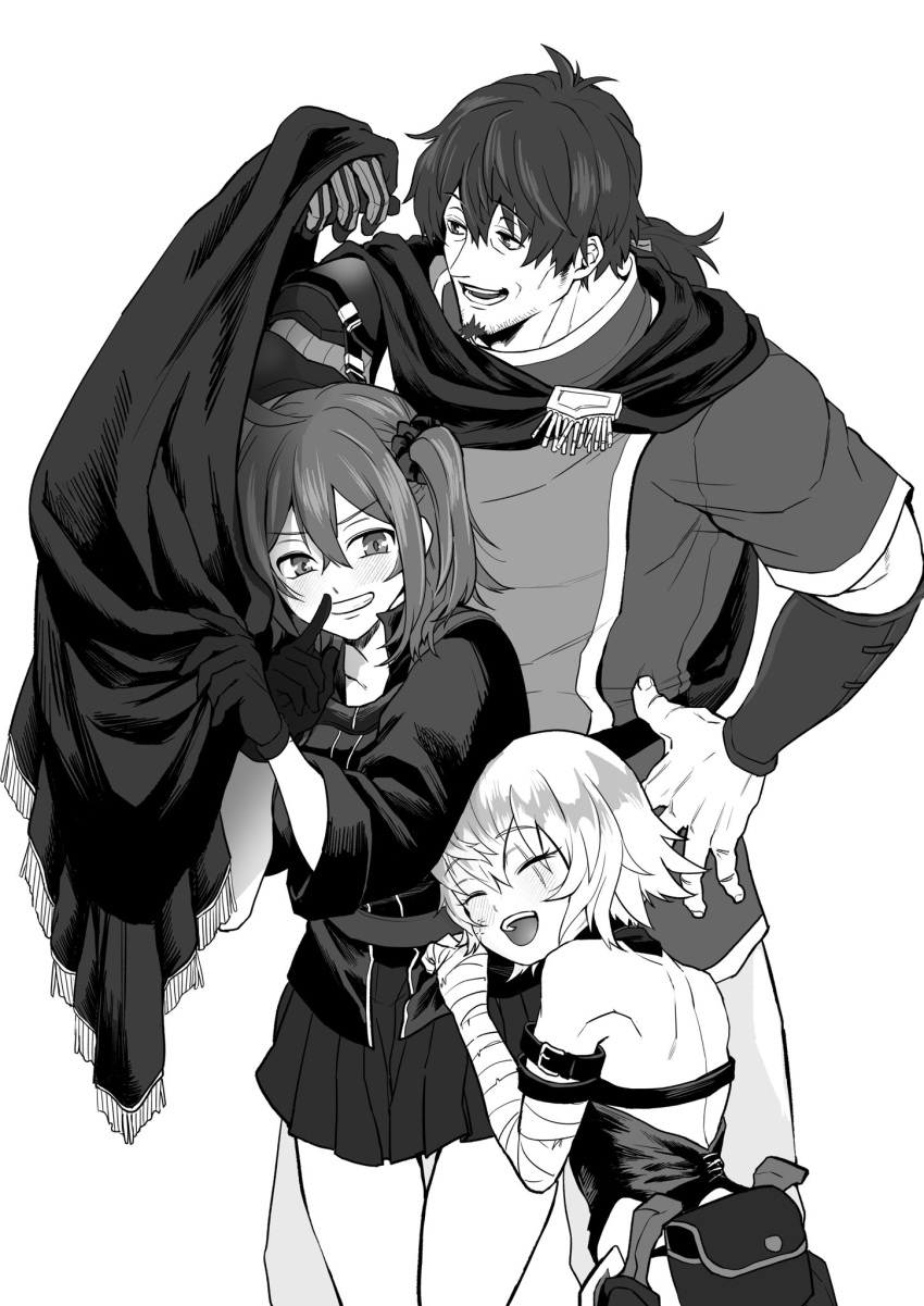1boy, 2girls, ahoge, bag, bandaged_arm, bandages, bare_back, cape