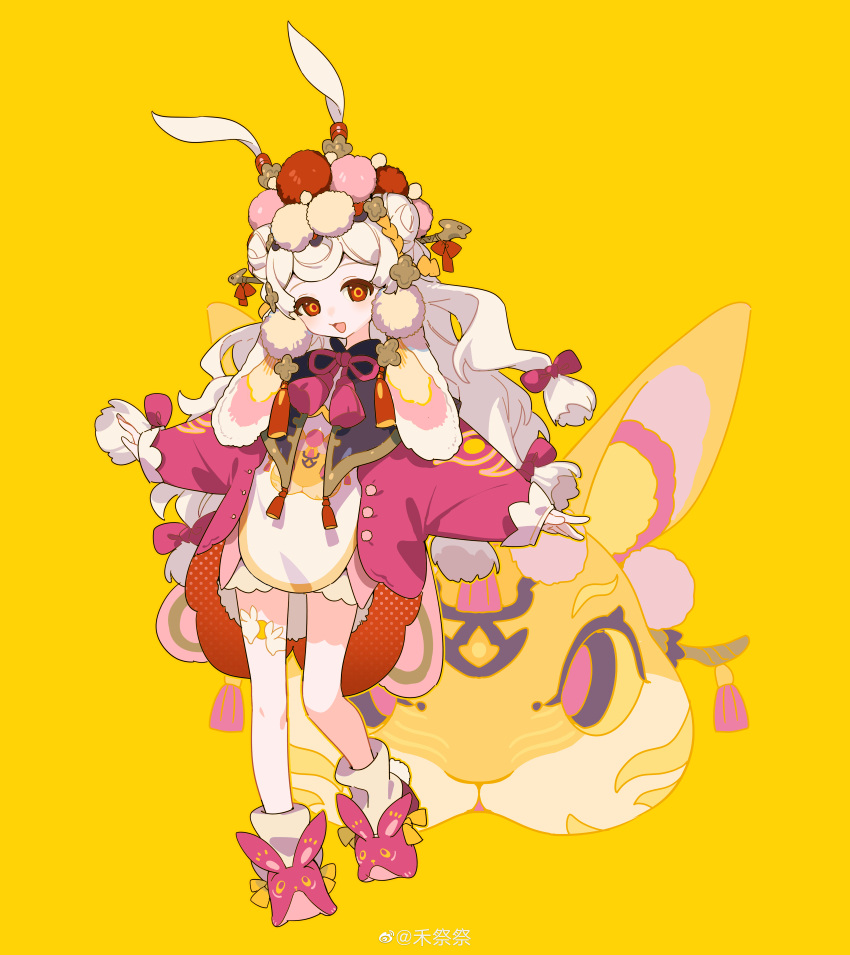 1girl, absurdres, animal_ears, black_capelet, blunt_ends, bow, bowtie, buttons, capelet, chinese_commentary, chinese_zodiac, collared_capelet, commentary_request, extra_ears, eyelashes, floppy_ears, footwear_bow, full_body, hair_bow, hair_ornament, highres, jacket, leg_tattoo, long_sleeves, looking_at_viewer, multiple_hair_bows, open_clothes, open_jacket, original, pink_bow, pink_footwear, pink_jacket, pom_pom_(clothes), pom_pom_hair_ornament, rabbit, rabbit_ears, rabbit_tattoo, red_bow, red_bowtie, red_eyes, shorts, sleeves_past_wrists, socks, solo, tassel, tattoo, watermark, weibo_logo, weibo_username, white_hair, white_shorts, white_socks, wo_jiji, year_of_the_rabbit, yellow_background, yellow_bow