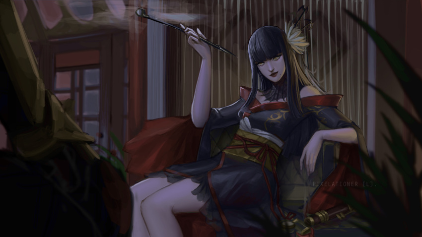 1girl, arm_rest, artist_name, bat_hair_ornament, black_collar, black_hair, black_kimono, blunt_bangs