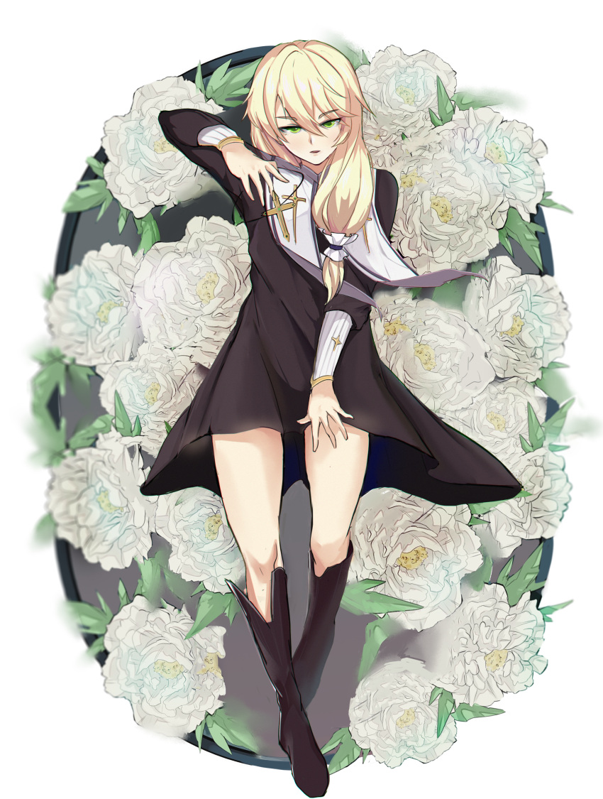 1girl, absurdres, aged_down, black_dress, black_footwear, blonde_hair, boots, crossdressing