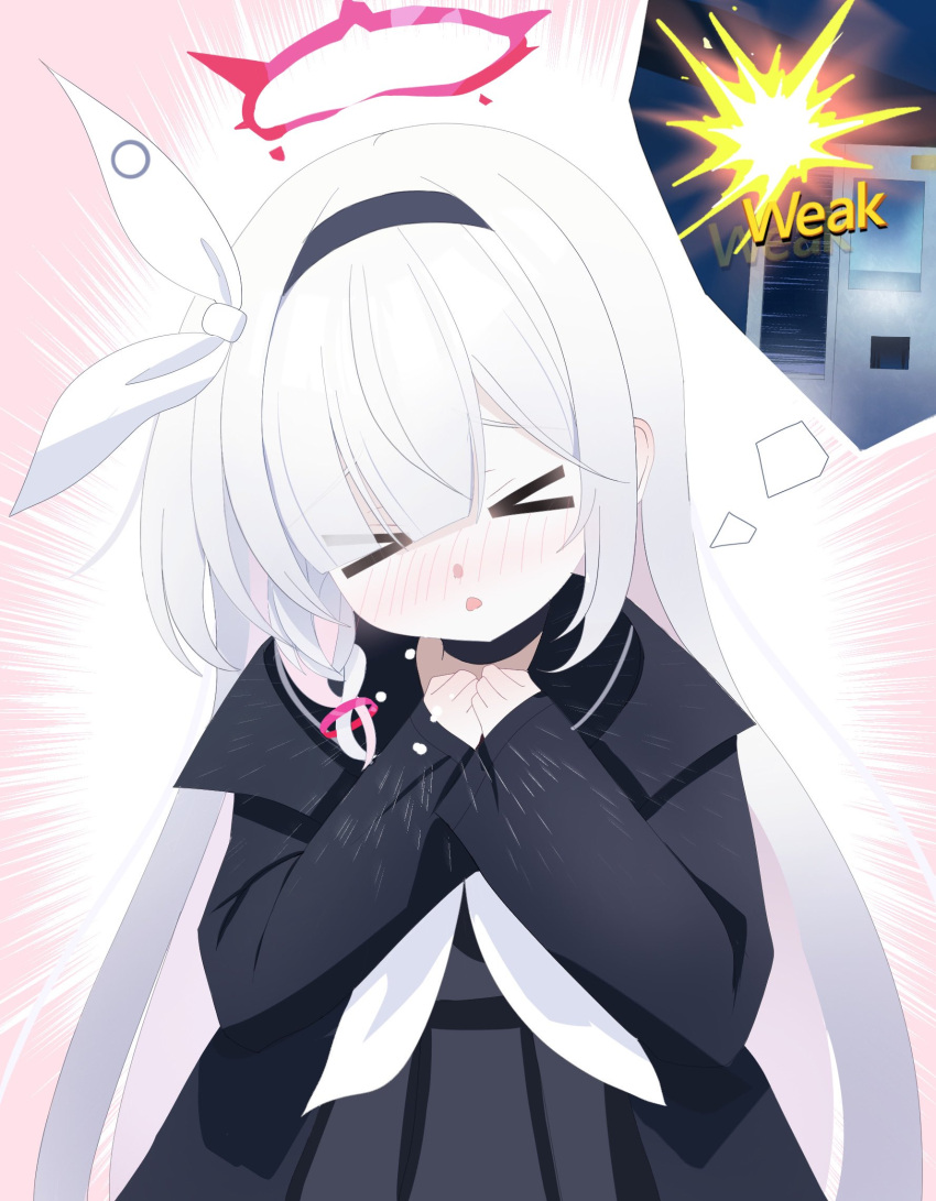 >_<, 1girl, akiyuki_nagi, blue_archive, blush, commentary_request, english_text, explosion