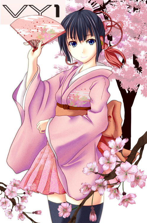 blue_eyes, cherry_blossoms, fan, japanese_clothes, kimono, oimari, simple_background, smile