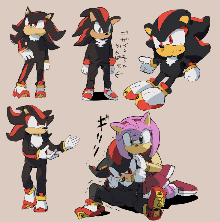 1boy, 1girl, amy_rose, aoki_(fumomo), arm_at_side, arms_at_sides, arrow_(symbol), black_pants