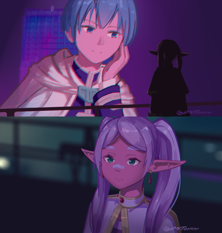 1boy, 1girl, absurdres, bandaid, bandaid_on_face, blade_runner_2049, blue_eyes, blue_hair