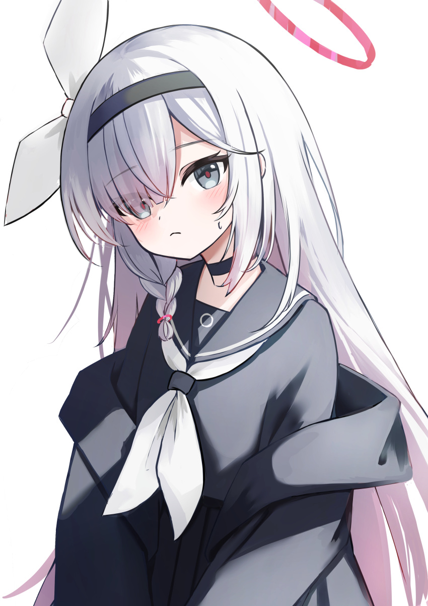 1girl, absurdres, black_choker, black_coat, black_hairband, black_sailor_collar, black_serafuku, black_skirt, blue_archive, blush, choker, closed_mouth, coat, colored_inner_hair, grey_hair, hairband, halo, highres, long_sleeves, looking_at_viewer, moepu., multicolored_hair, neckerchief, pink_hair, plana_(blue_archive), pleated_skirt, red_halo, sailor_collar, school_uniform, serafuku, simple_background, skirt, solo, white_background, white_neckerchief