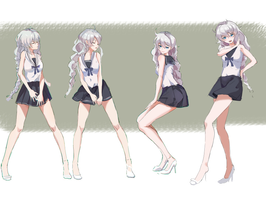 1girl, absurdres, ahoge, bare_shoulders, black_bow, black_bowtie, black_sailor_collar, black_skirt