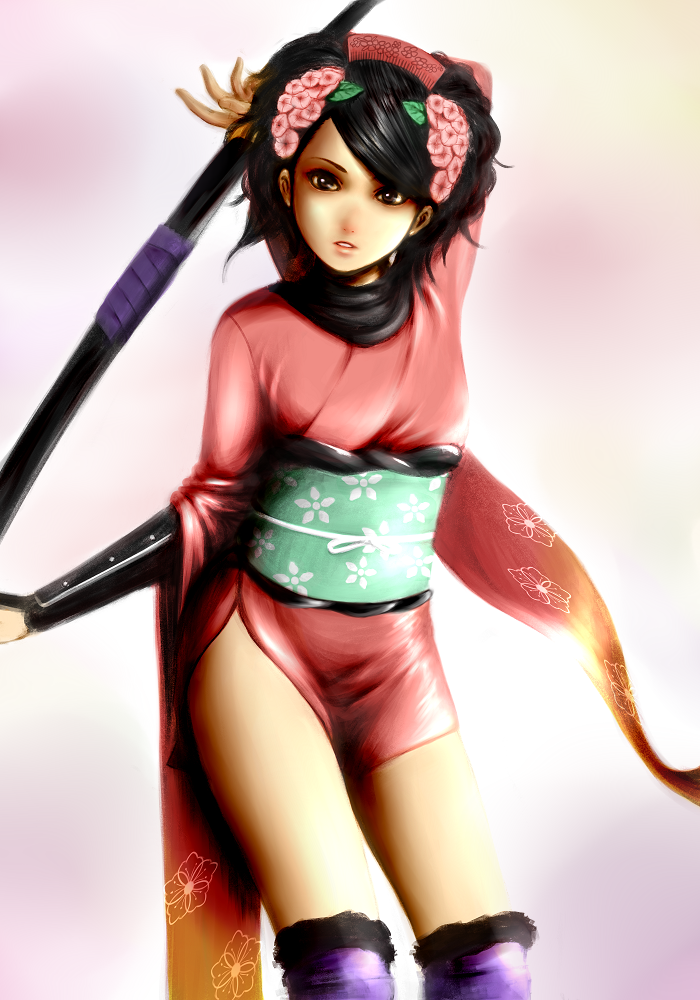 black_hair, cutetearick, flower, hair_flower, hair_ornament, japanese_clothes, kimono, momohime, oboro_muramasa, sheath, sheathed, short_kimono, simple_background, solo, sword, thigh-highs, thighhighs, weapon