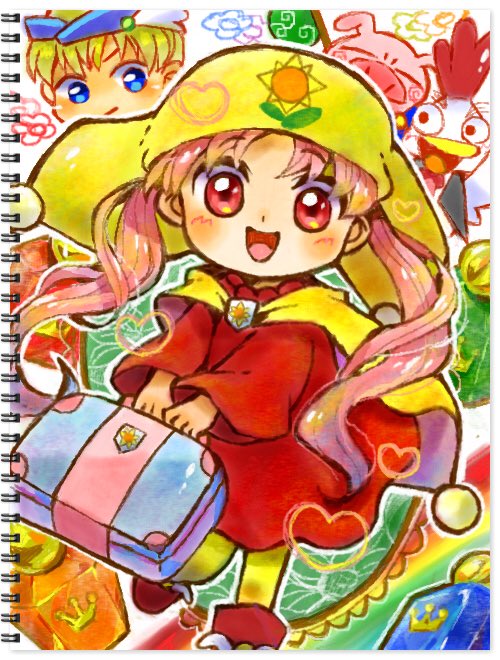1boy, 1girl, araessa, bird, blonde_hair, blue_eyes, blush, cape, chicken, doradorakingyo, dress, holding, holding_suitcase, looking_at_viewer, mirror, open_mouth, pig, prince_cloud, princess_silver, red_dress, red_eyes, short_hair, suitcase, sutonsuton, traditional_media, yellow_cape, yellow_headwear, yume_no_crayon_oukoku