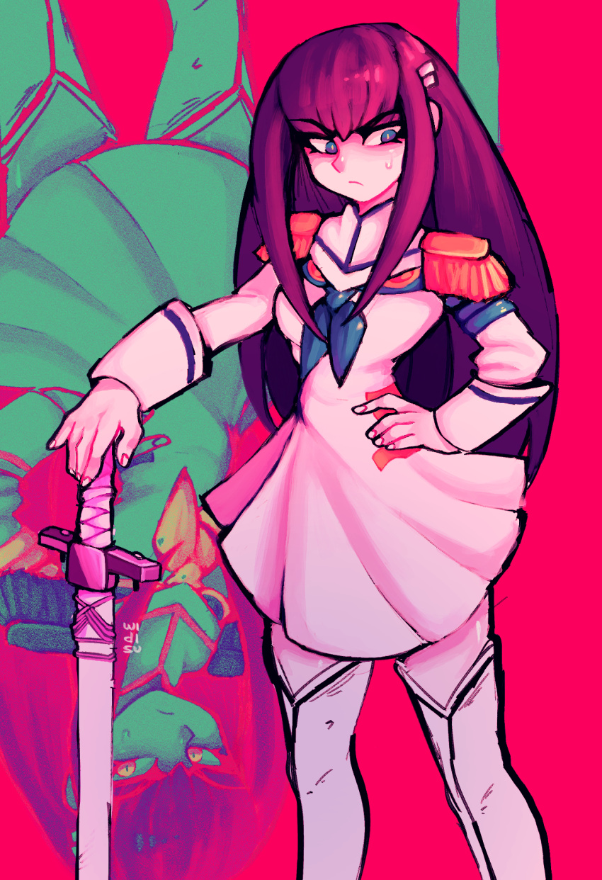 1girl, alternate_breast_size, black_hair, blue_eyes, breasts, commentary, dress, epaulettes