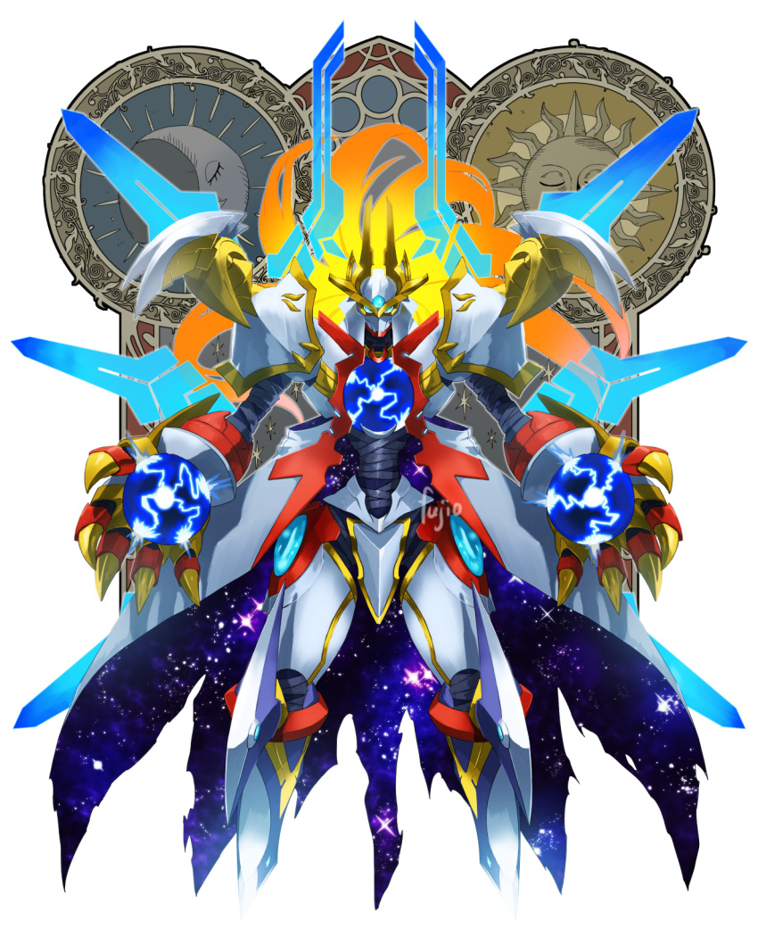artist_name, blonde_hair, cape, colorized, digimon, digimon_(creature), energy, energy_blade