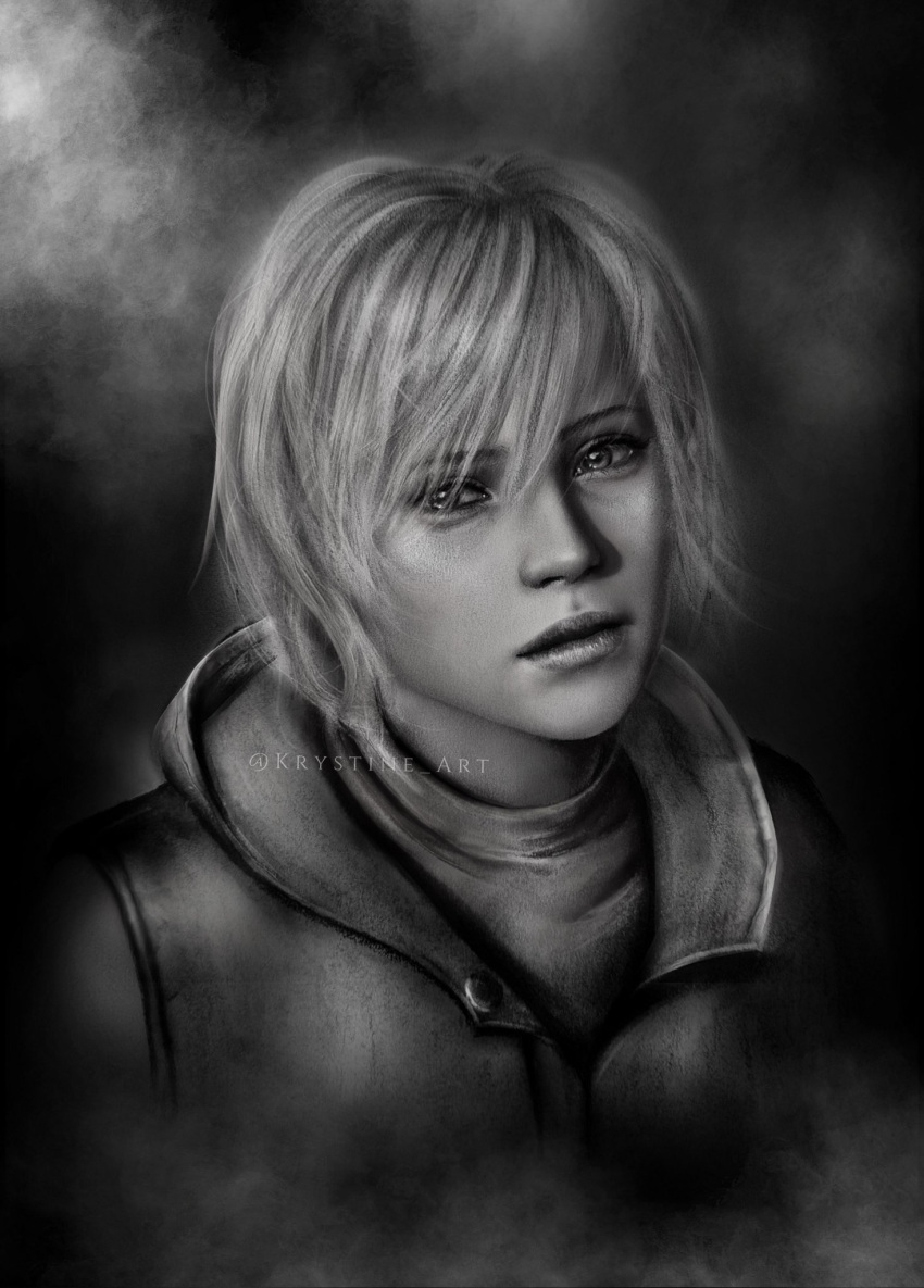 1girl, commentary, hair_over_one_eye, heather_mason, highres, jacket, krystine_art, portrait, realistic, short_hair, silent_hill_(series), silent_hill_3, solo, turtleneck, twitter_username, watermark