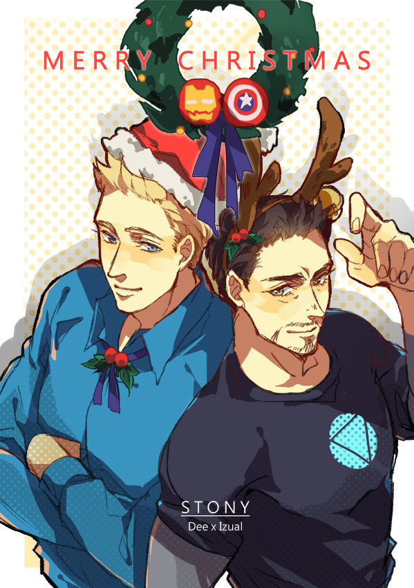 2boys, animification, antlers, arc_reactor, avengers_(series), bell, black_shirt, blonde_hair