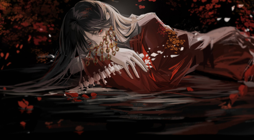 1boy, black_hair, bone, chinese_clothes, coin, dao_gui_yi_xian, hanfu, highres, holding, holding_bone, holed_coin, li_huowang, long_hair, long_sleeves, looking_at_viewer, lying, male_focus, mouth_veil, red_eyes, seigenmomokawa, solo, veil