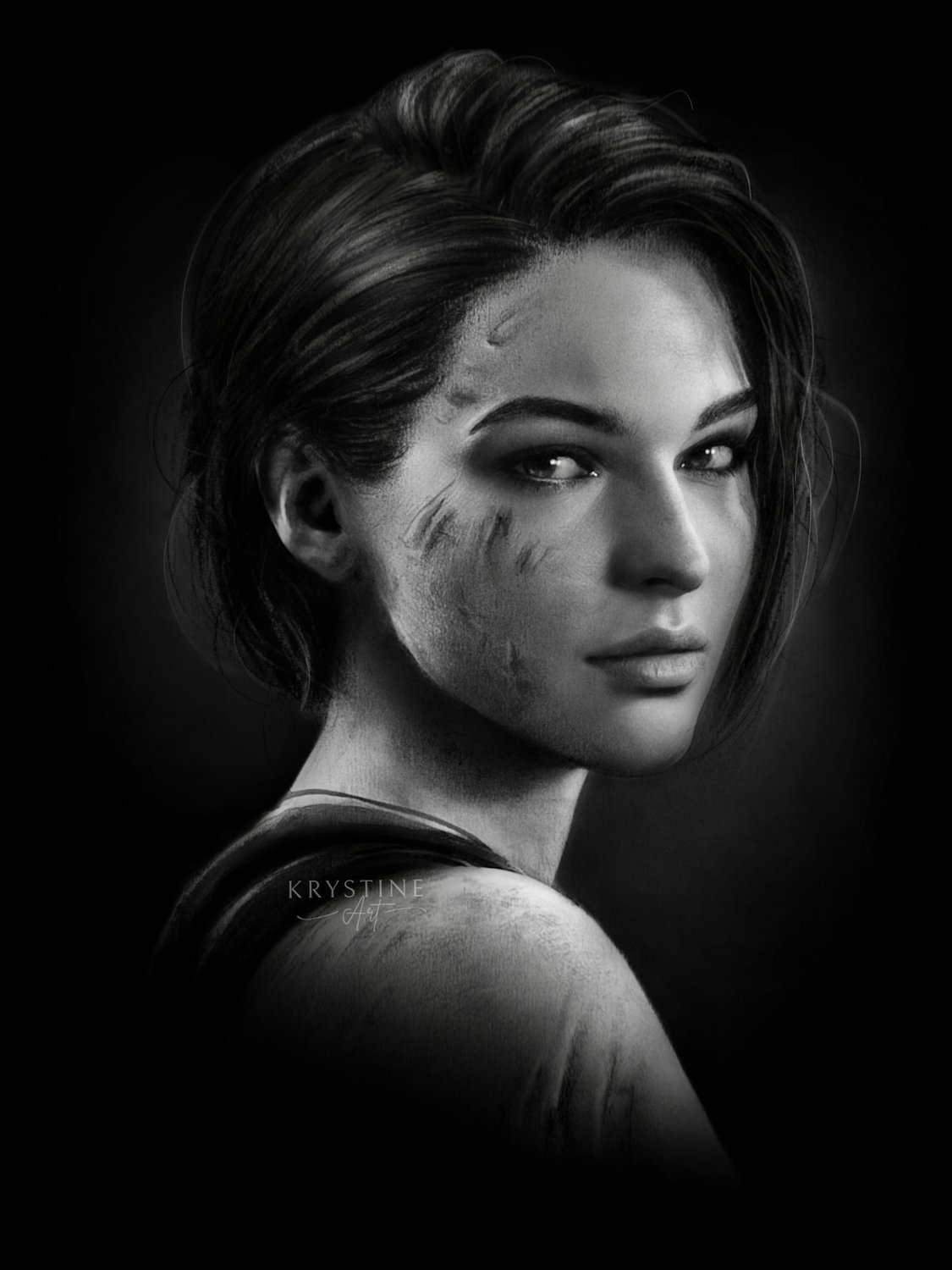 1girl, artist_name, commentary, dirty, dirty_face, from_side, highres, jill_valentine