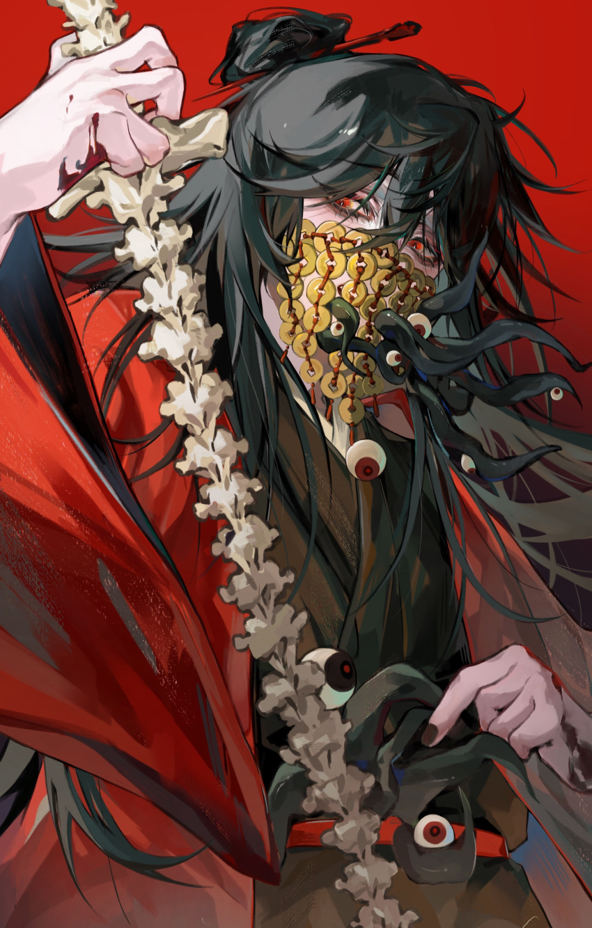 1boy, 5236905043, absurdres, arm_up, belt, black_hair, blood, blood_on_hands, bone, chinese_clothes, coin, dao_gui_yi_xian, eyeball, hair_between_eyes, hanfu, highres, holding, holding_bone, holed_coin, li_huowang, long_hair, long_sleeves, looking_at_viewer, male_focus, red_brooch, red_eyes, solo, upper_body