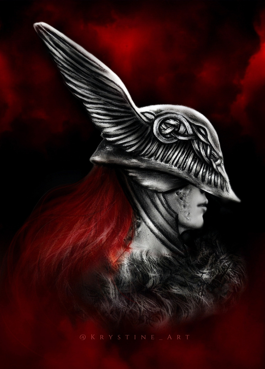 1girl, absurdres, commentary, covered_eyes, elden_ring, from_side, helmet, helmet_over_eyes
