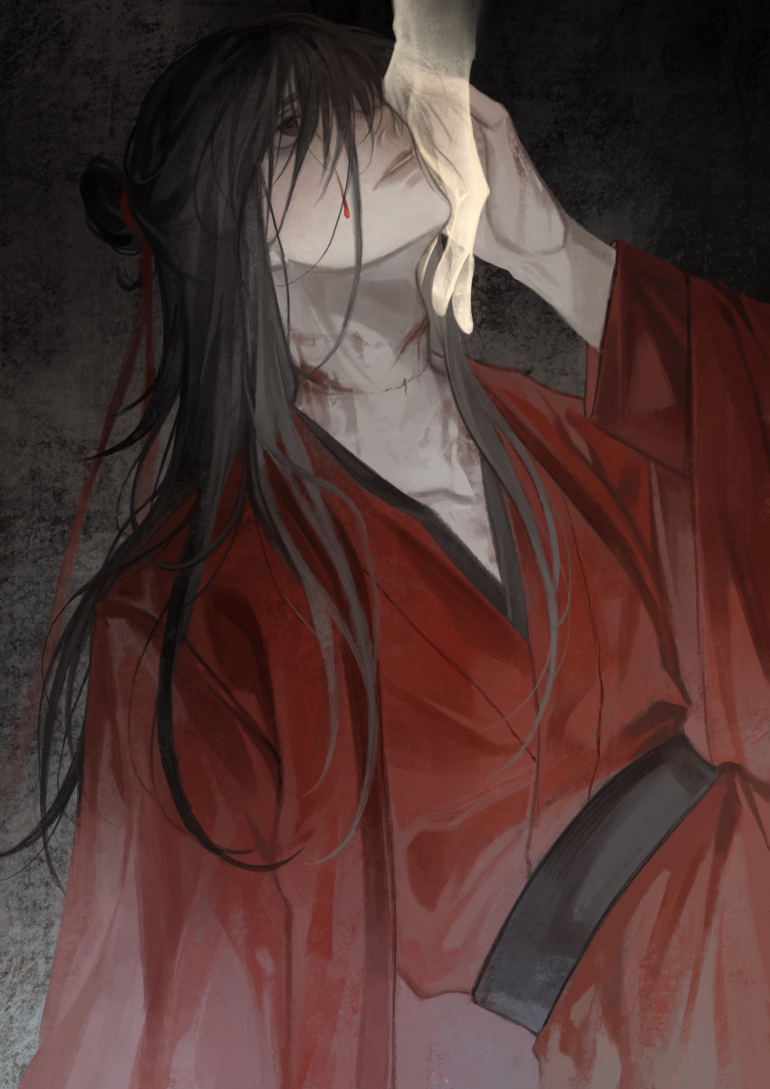 1boy, absurdres, arm_up, belt, belt_buckle, bishounen, black_hair, buckle