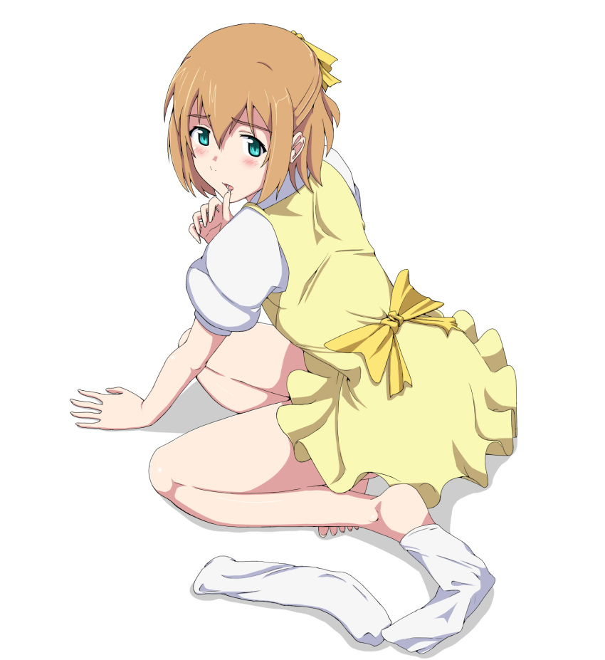 crossdressinging, feet, heroman, highres, joey_jones, looking_back, ribonzu, sock_pull