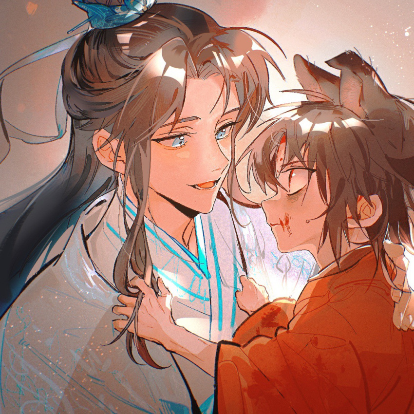 2boys, blood, blood_on_face, blue_eyes, brown_hair, closed_mouth, dao_gui_yi_xian, dress