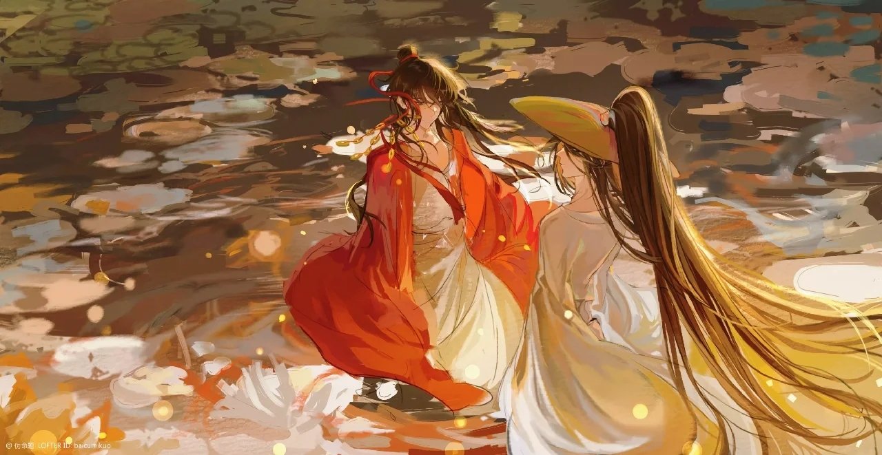 2boys, bishounen, brown_hair, coat, dao_gui_yi_xian, dress, hair_bun, high_ponytail
