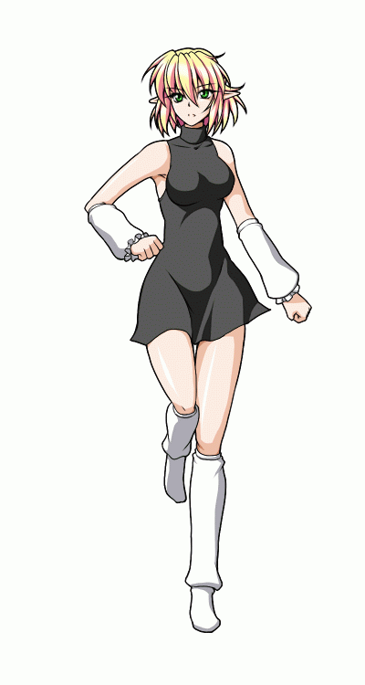 1girl, animated_gif, black_dress, blonde_hair, bouncing_breasts, breasts, detached_sleeves, dress