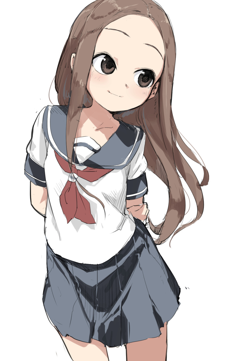 1girl, breasts, brown_eyes, brown_hair, forehead, hands_on_own_hips, highres, karakai_jouzu_no_takagi-san