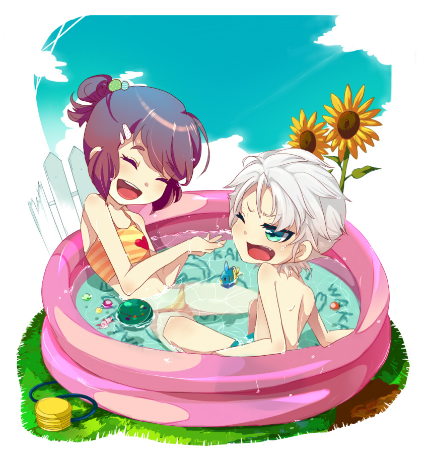 :d, aqua_eyes, ball, bleach, clouds, fish, flower, hair_ornament