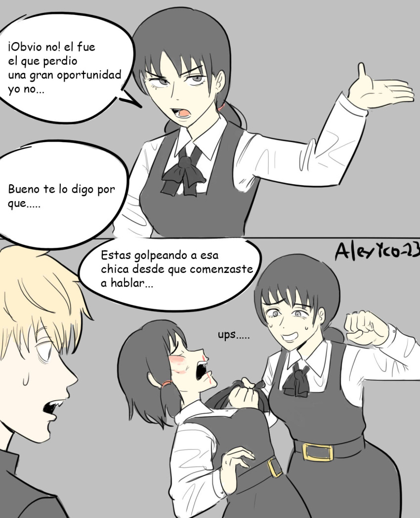 1boy, 2girls, blood, breasts, bruise, bruise_on_face, chainsaw_man, clenched_hand