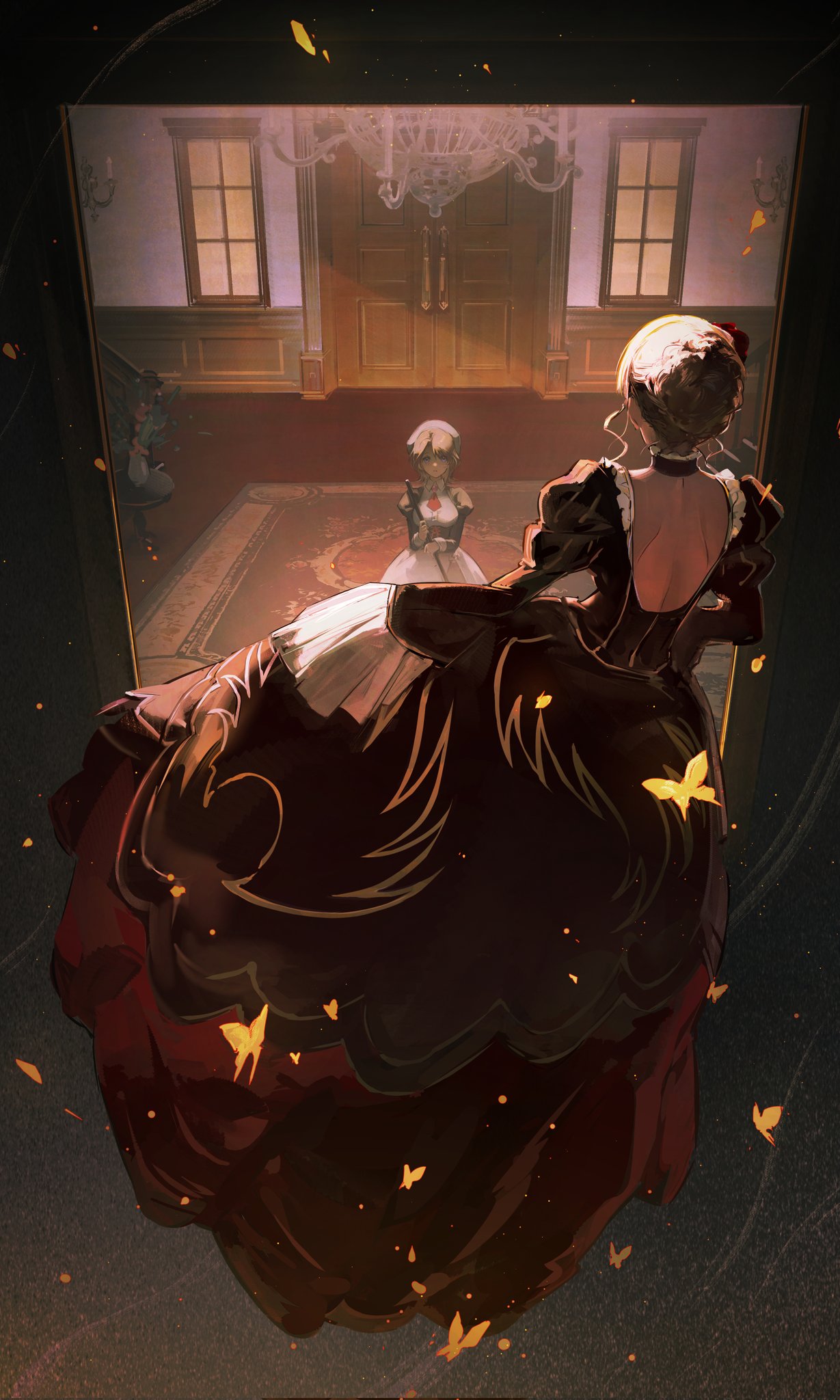 2girls, beatrice_(umineko), beret, blonde_hair, blue_eyes, braid, brown_dress, brown_hair