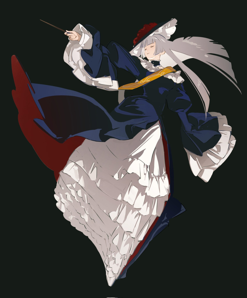 1girl, black_background, black_dress, black_headwear, closed_eyes, closed_mouth, dress, floating, frilled_dress, frills, hair_between_eyes, hat, highres, holding, holding_wand, kkia, long_hair, long_sleeves, sidelocks, simple_background, sleeves_past_wrists, smile, solo, umineko_no_naku_koro_ni, virgilia_(umineko), wand, white_hair, wide_sleeves, witch
