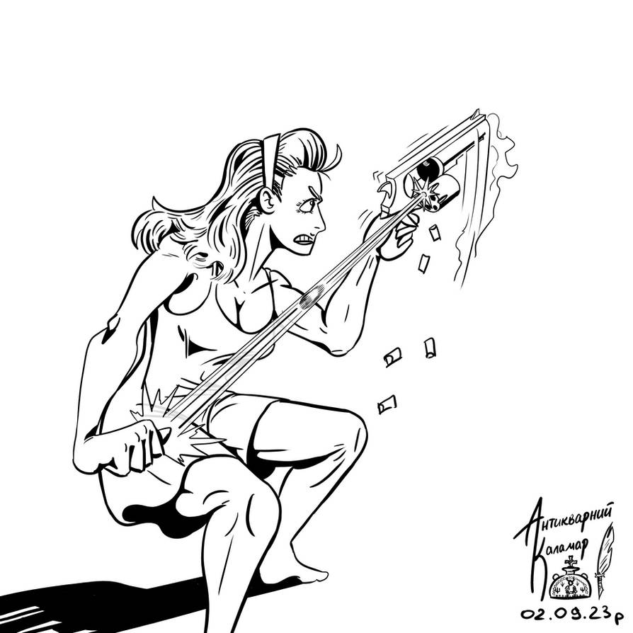 1girl, antykvarnyy_kalamar, bullet, greyscale, gun, lineart, long_hair, monochrome