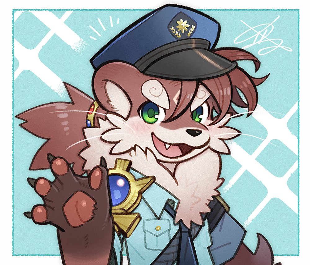 1boy, animal_ears, blue_background, blue_necktie, border, brown_hair, chest_tuft, commentary_request