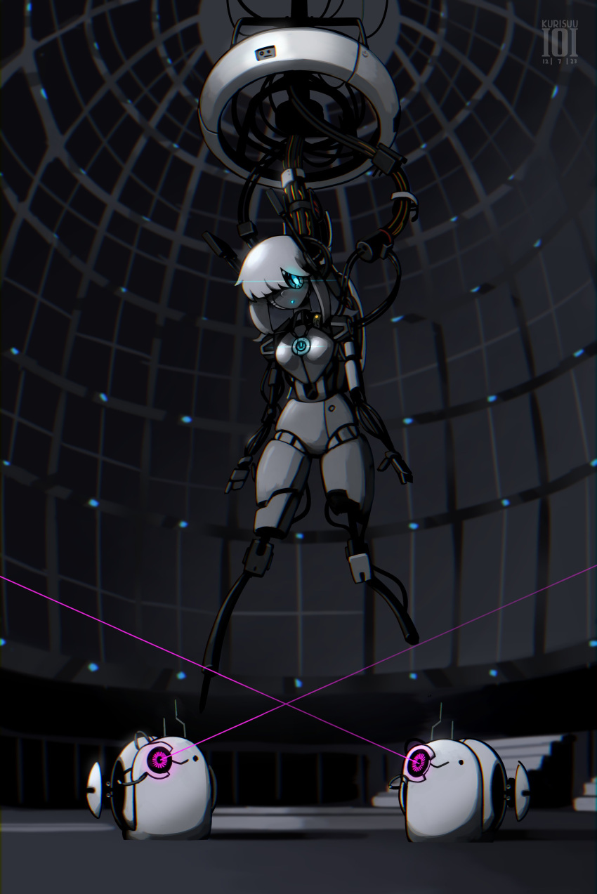 absurdres, blue_eyes, borrowed_character, breasts, cable, digitan_(porforever), glados, glowing