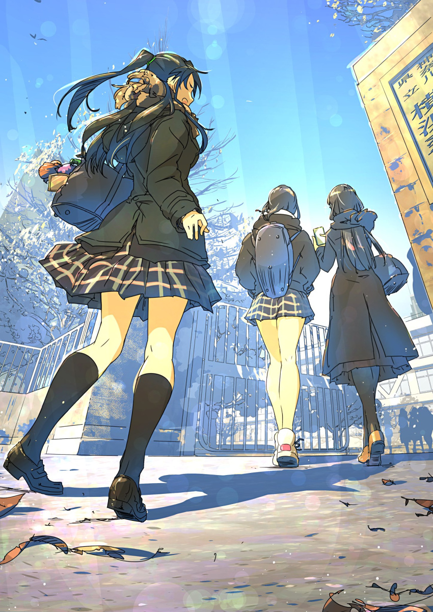3girls, autumn_leaves, bag, black_footwear, black_hair, black_jacket, black_pantyhose, black_socks, brown_footwear, building, day, fence, floating_hair, from_below, gate, highres, holding, holding_bag, jacket, kneehighs, lens_flare, loafers, multiple_girls, original, outdoors, pantyhose, plaid, plaid_skirt, school, shadow, shoes, skirt, sky, socks, supe_(yuusyasupepen), tree, walking